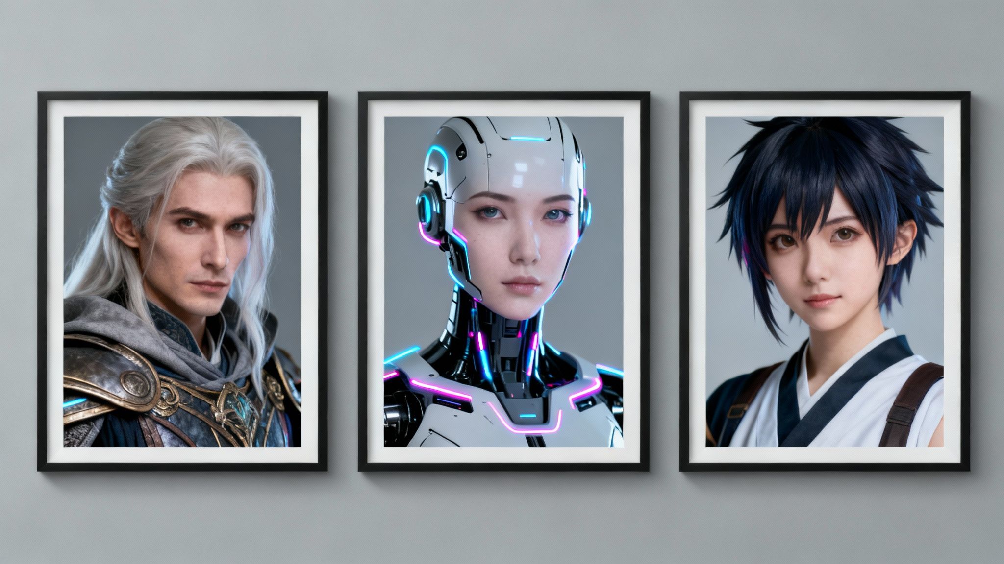 Three framed portraits depicting a fantasy man, a futuristic robot, and an anime character.