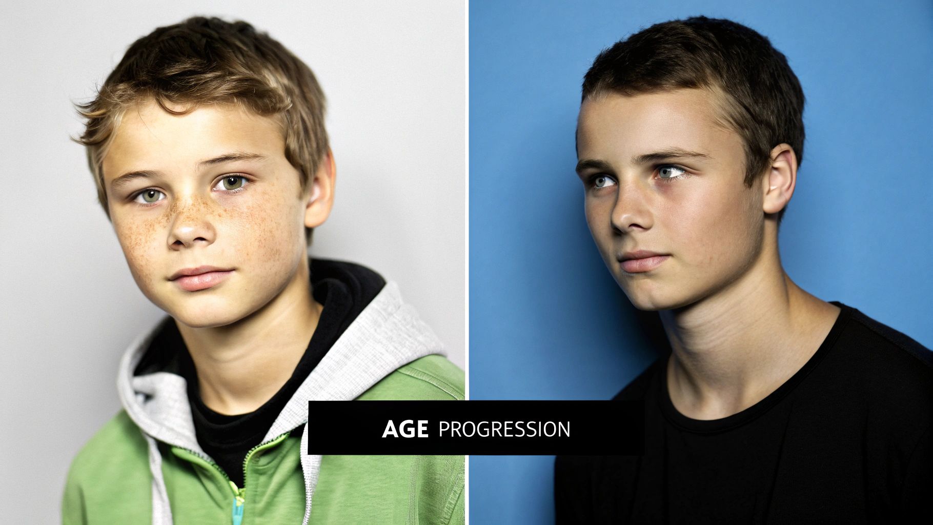 A digital illustration showing the photo age progression of a face from childhood to old age