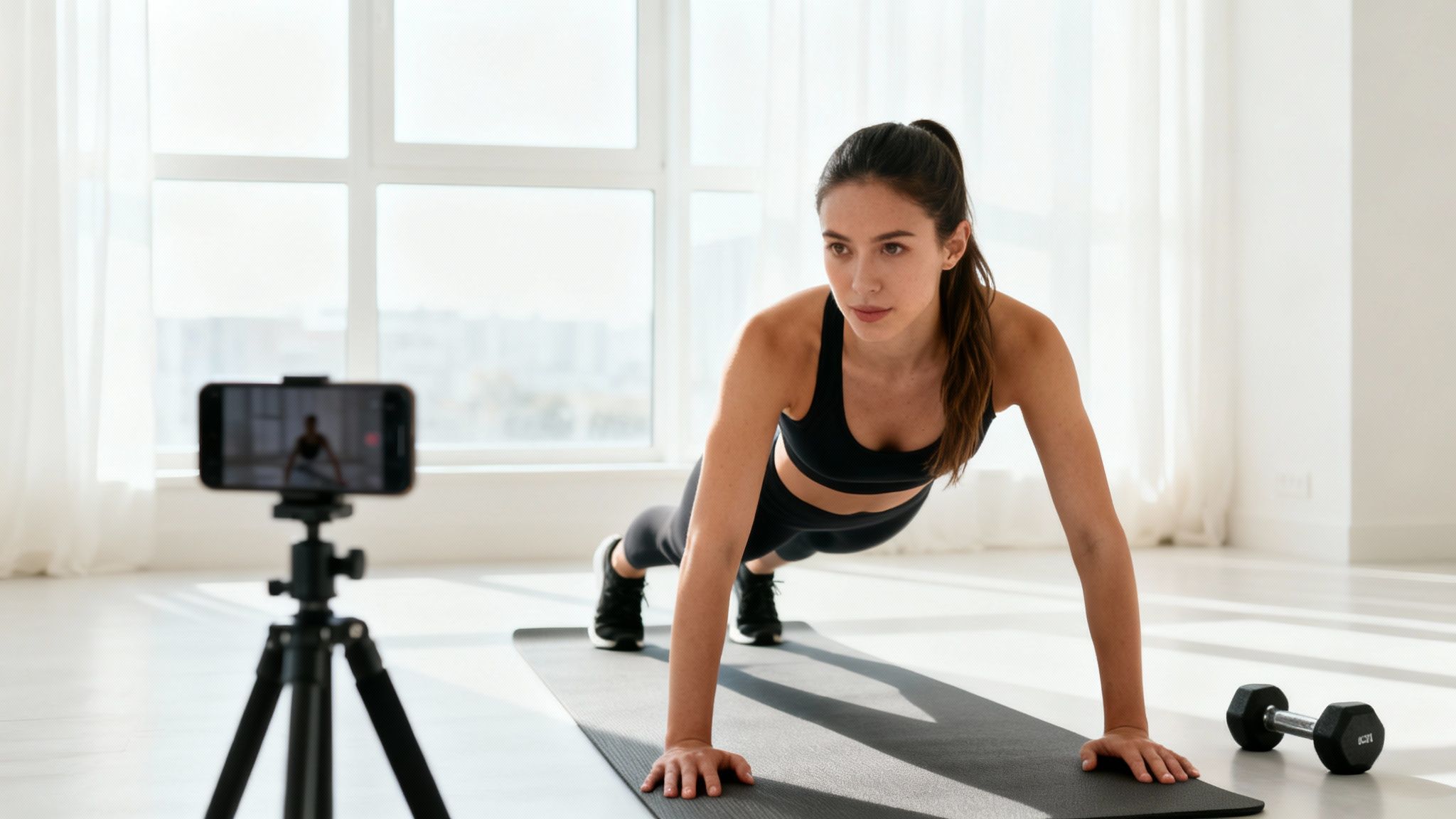 A fit woman in black activewear performs a plank exercise, filming her home workout with a smartphone.