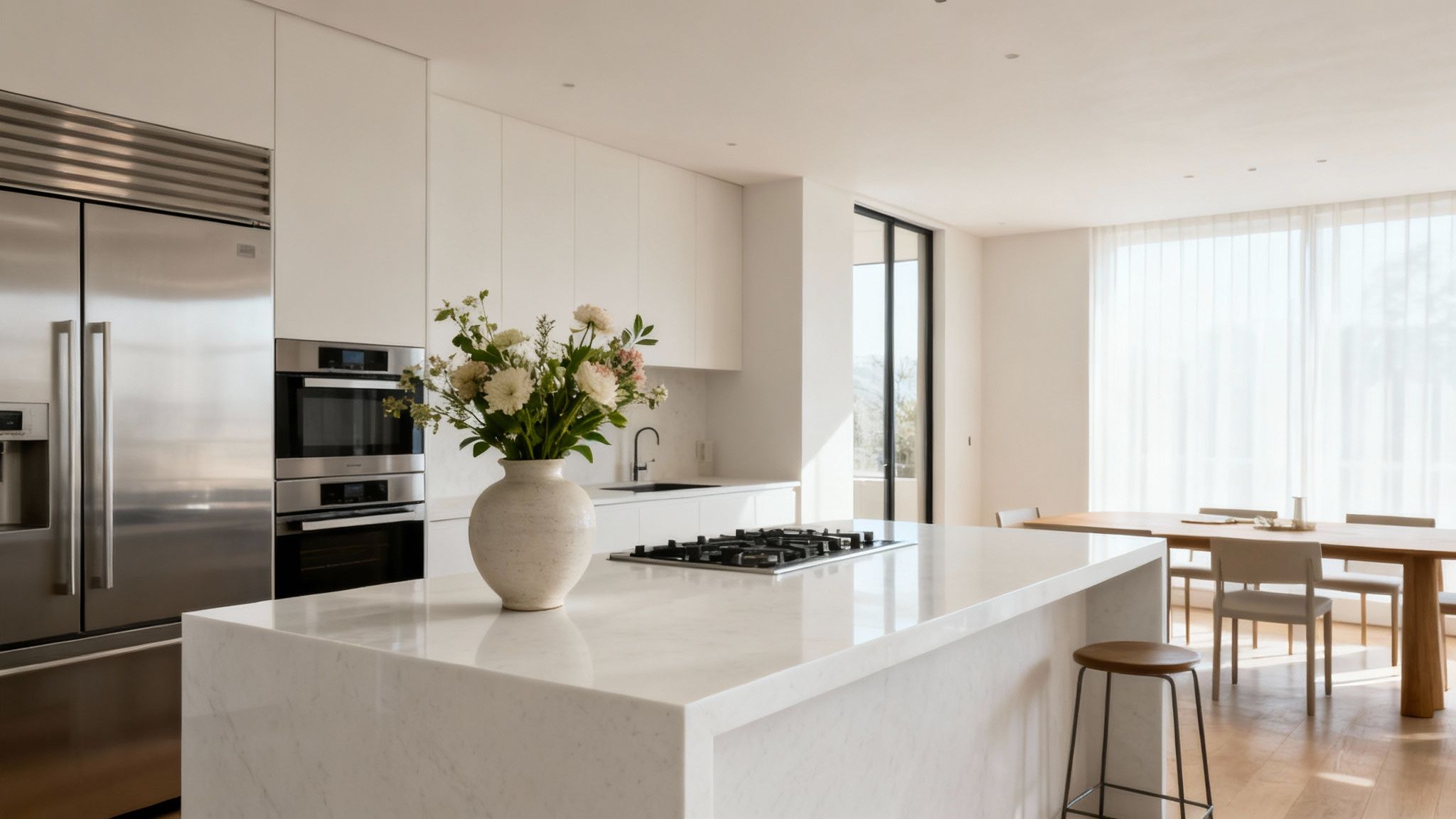 Bright, contemporary kitchen featuring a large marble island, white cabinets, and dining space.