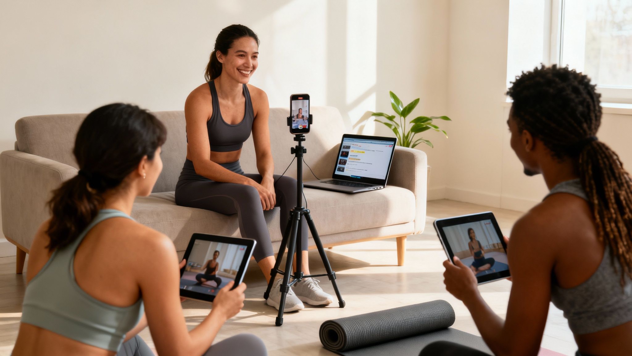 Smiling woman leading an online yoga class, two friends follow along on tablets.