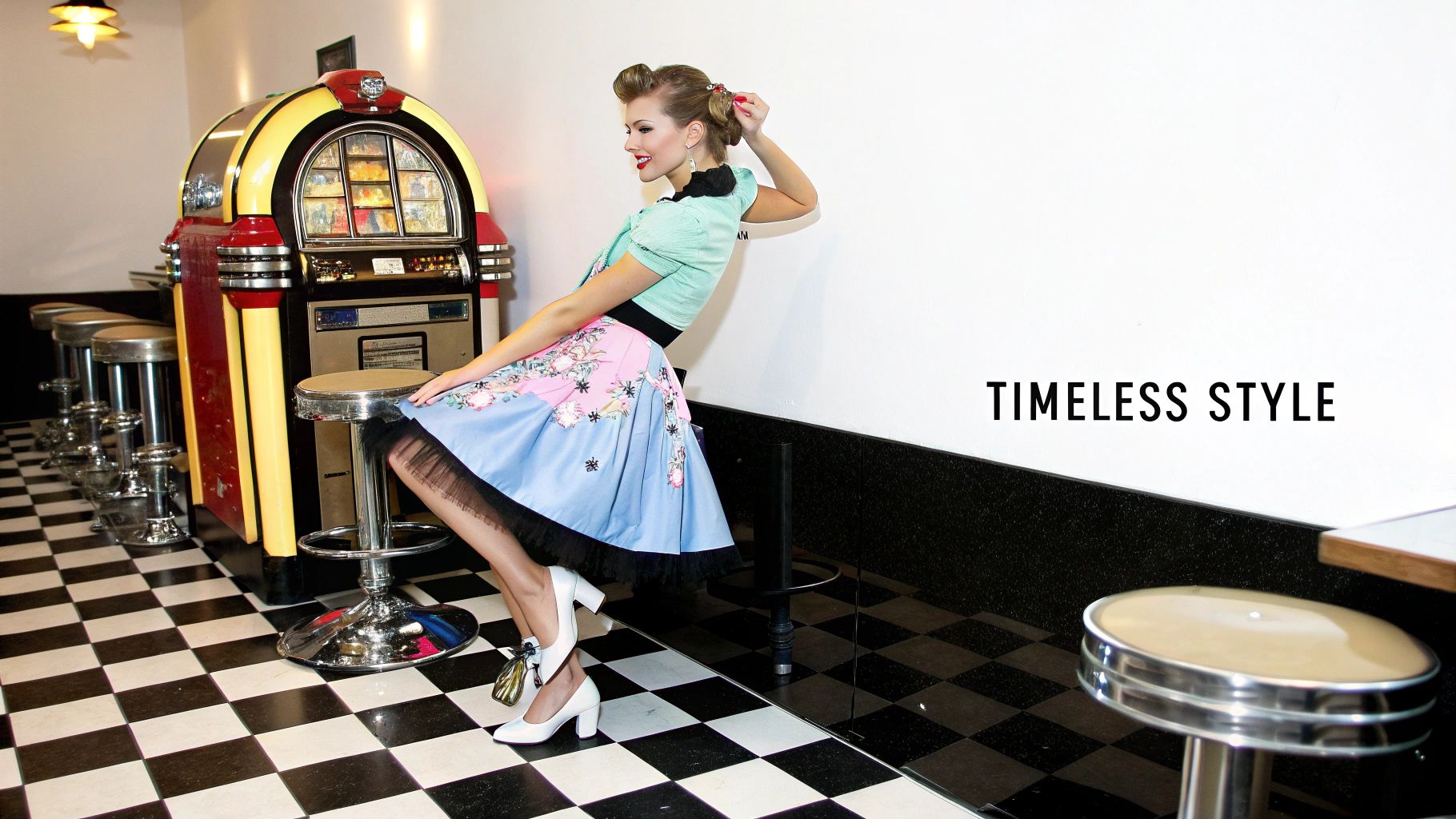 A woman in a vintage-style outfit and hairstyle, posing in a classic car, embodying a retro era photoshoot.