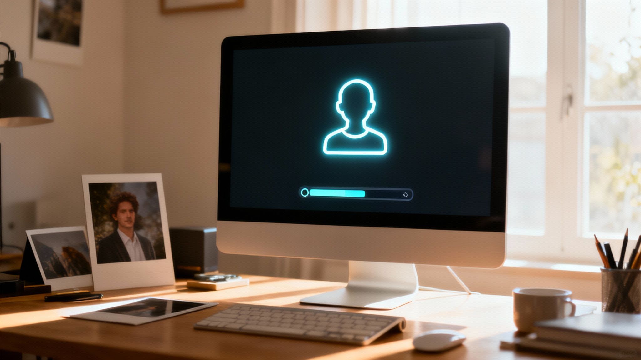 A woman interacting with a futuristic interface showing avatar creation options.