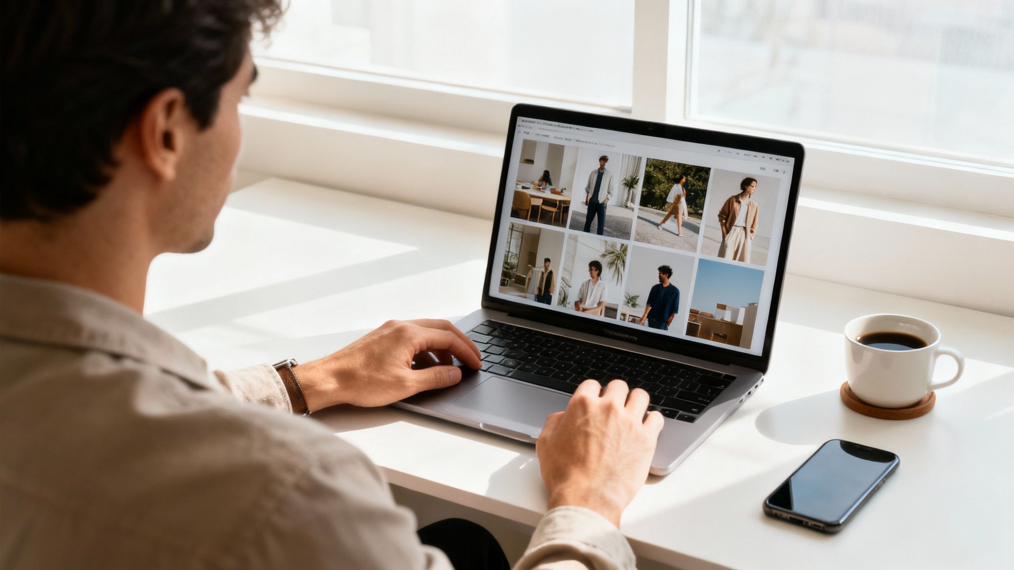 A man views fashion photos on a laptop, with a coffee cup and phone on a bright desk.