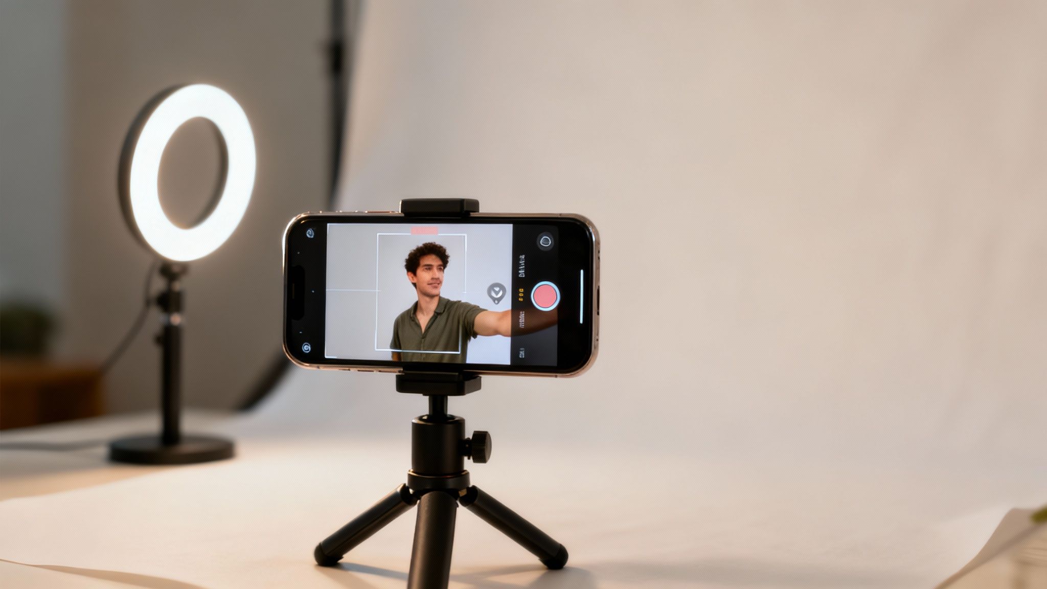 A smartphone on a tripod captures a man taking a selfie, illuminated by a bright ring light.