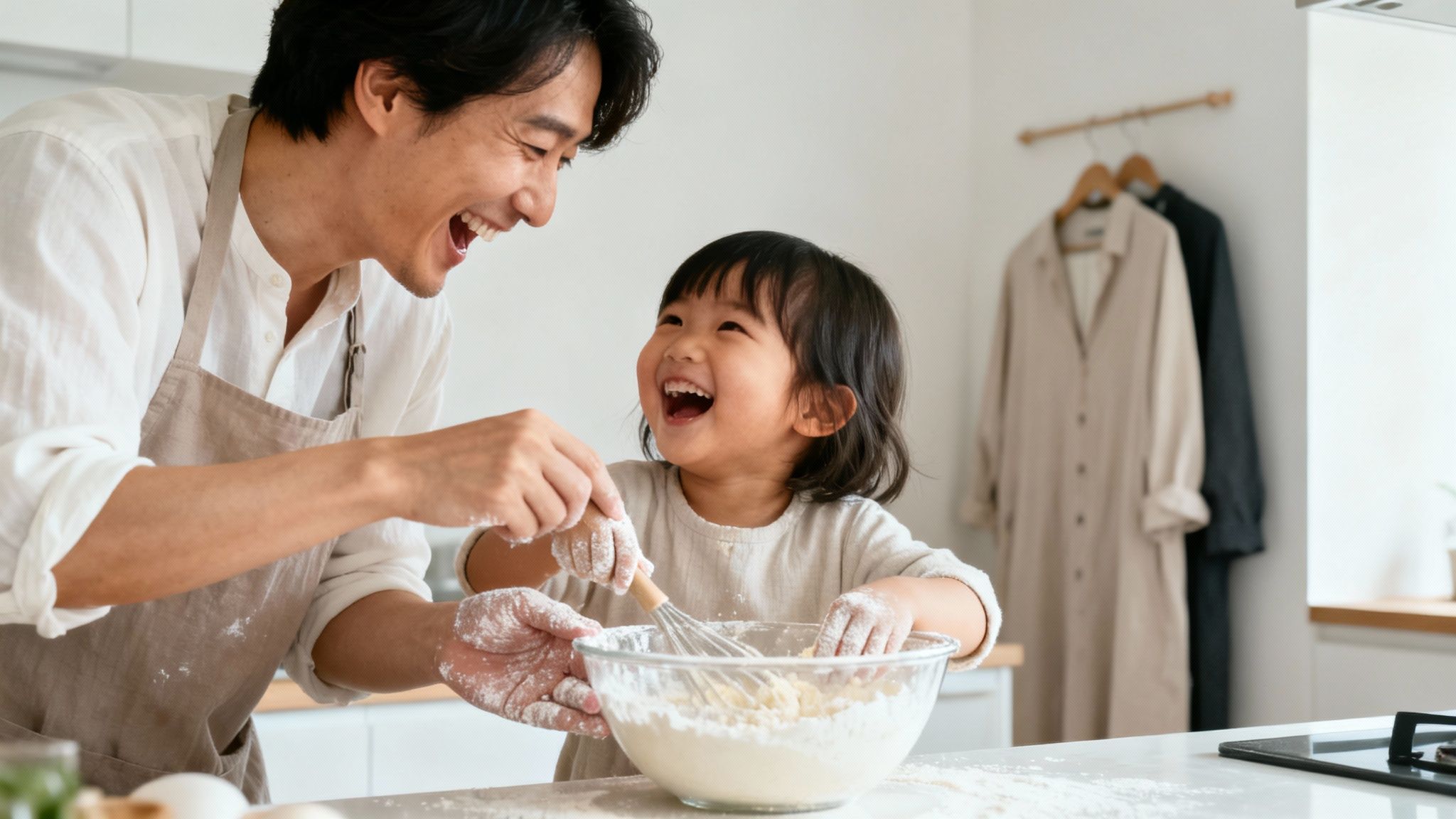 A happy father and child laugh while baking together in a bright kitchen, covered in flour.