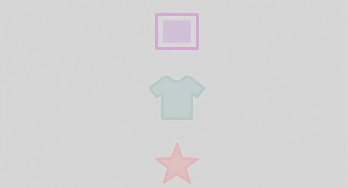 Three minimalist pastel-colored icons vertically aligned on a light background: a picture frame, a t-shirt, and a star.