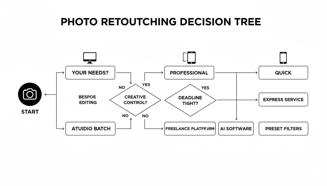 Decision tree flowchart illustrating options for photo retouching, from bespoke editing to AI software and preset filters.