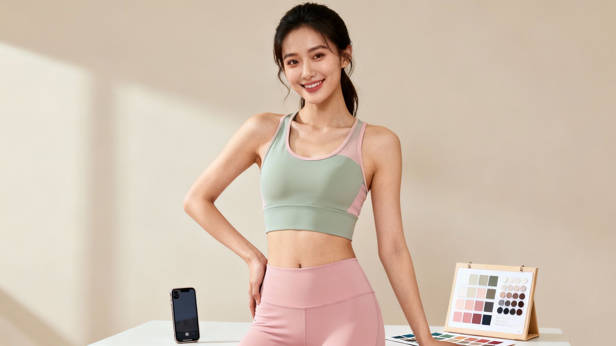Smiling Asian woman in green and pink sports bra and pink leggings, posing with color palettes.