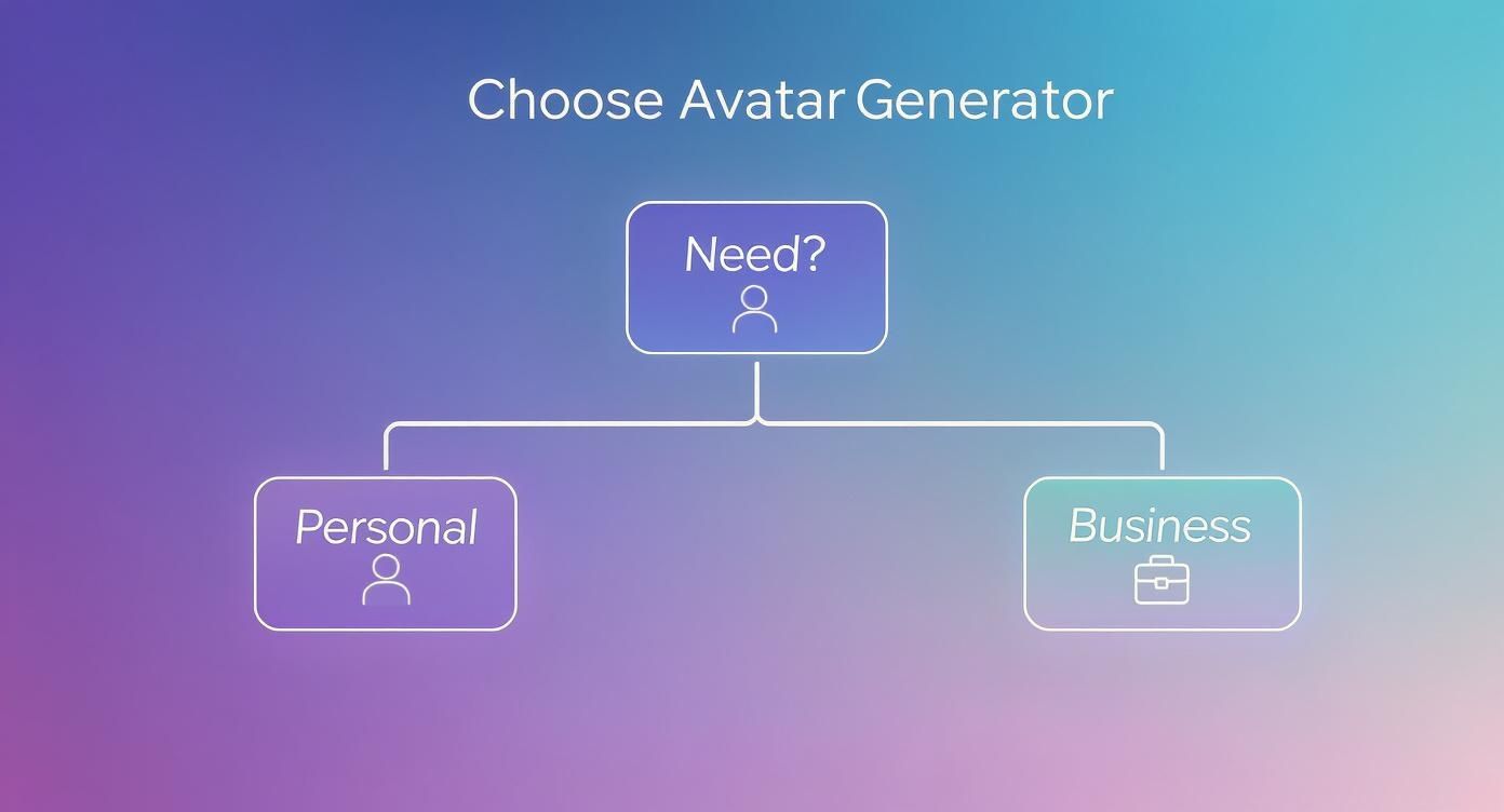 A flowchart illustrating the choice for an AI avatar generator based on personal or business needs.