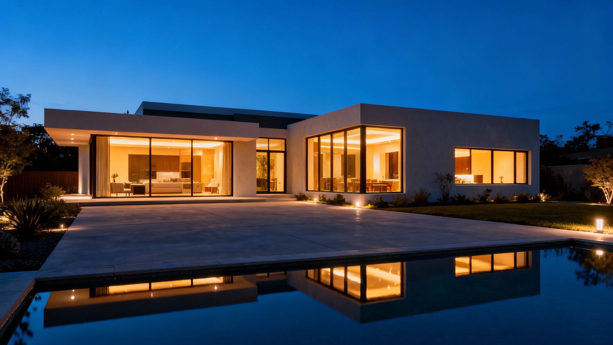 A luxurious modern house at night, illuminated, with a tranquil pool reflecting its lights.