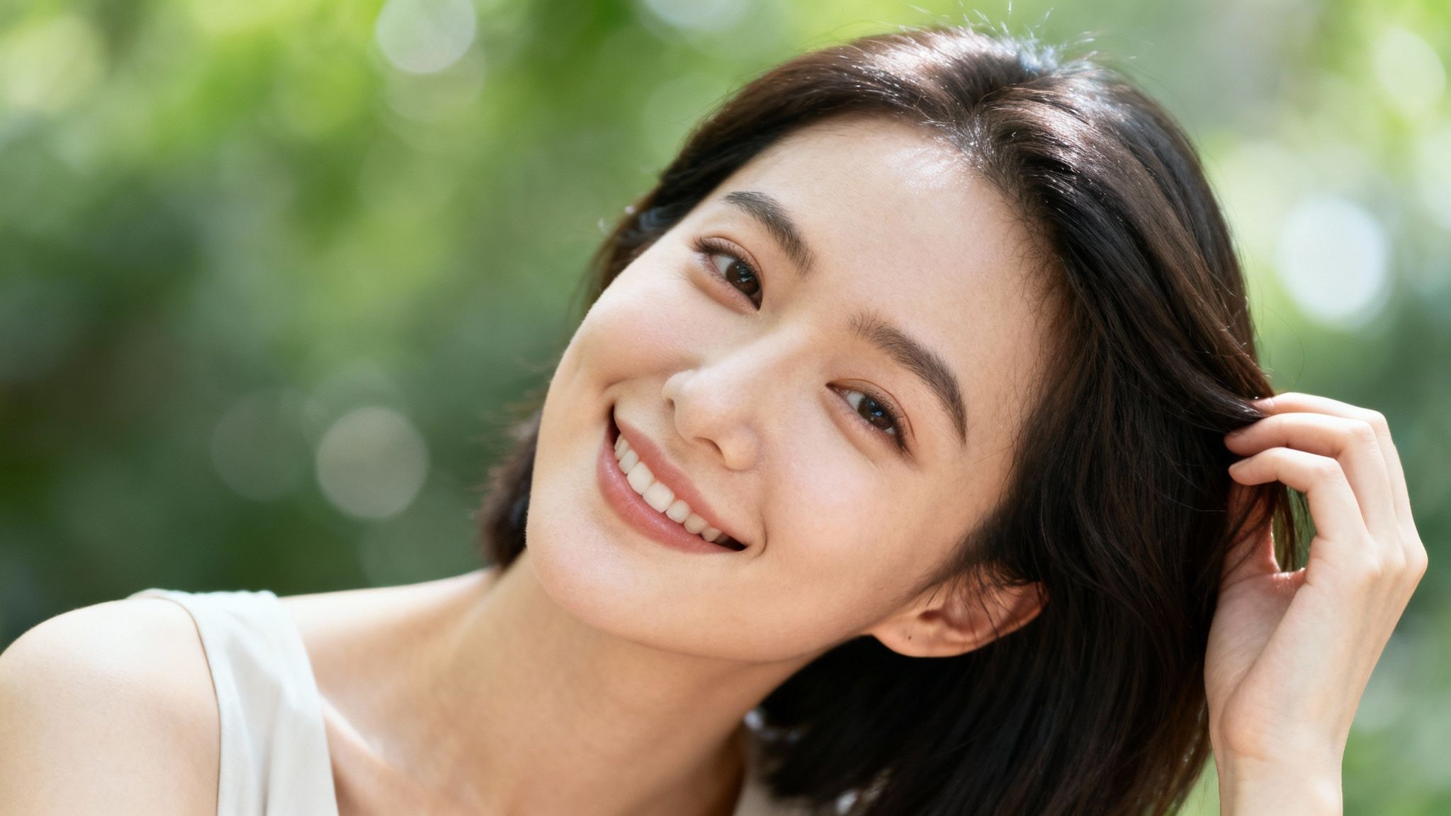 Close-up of a smiling Asian woman with dark hair touching her face outdoors, green bokeh background.
