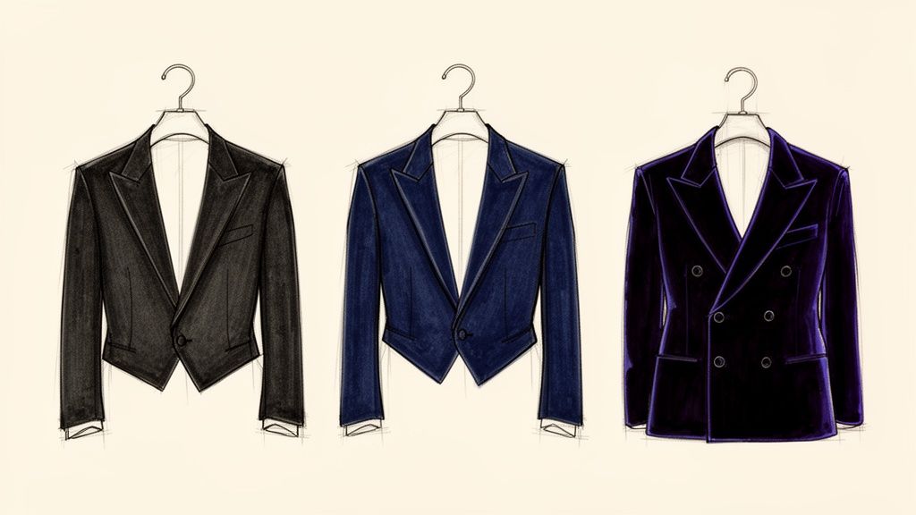 Elegant sketches of three men's formal jackets in black, blue, and purple velvet on hangers.