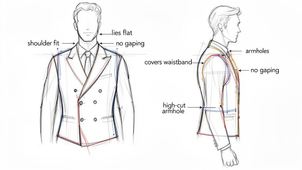Illustration of a man wearing a double-breasted waistcoat, highlighting proper fit points like shoulder, collar, and armholes.