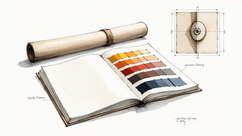 Close-up of a tailor working with various fabric swatches and tailoring tools