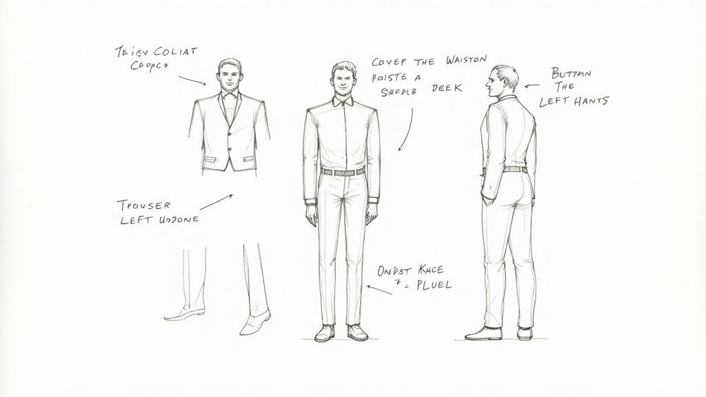 Sketch illustrating three views of a man wearing a suit with handwritten tailoring notes and adjustments.