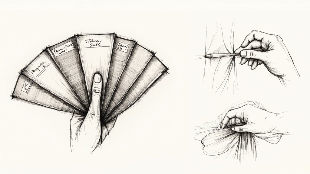 Hand-drawn illustration showing hands holding fabric swatches and measuring tape for custom tailoring
