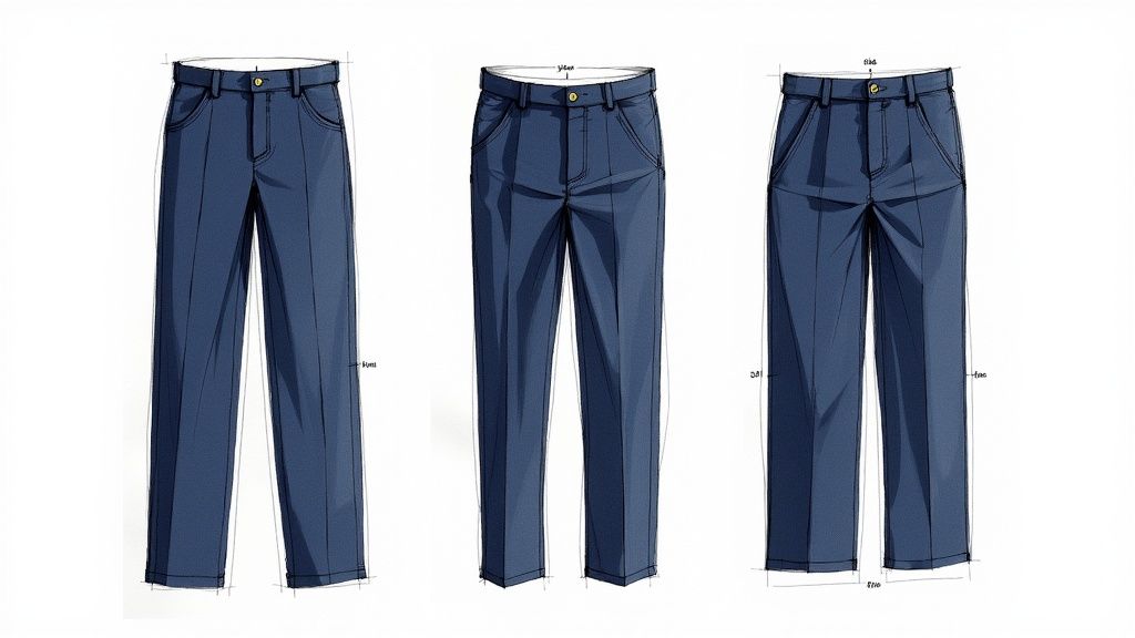 Three illustrations show different fits of navy blue trousers, from slim to relaxed, ideal for various styles.