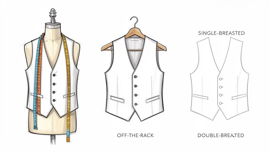 Illustrations of men's waistcoats: tailored on a mannequin, off-the-rack, single-breasted, and double-breasted styles.