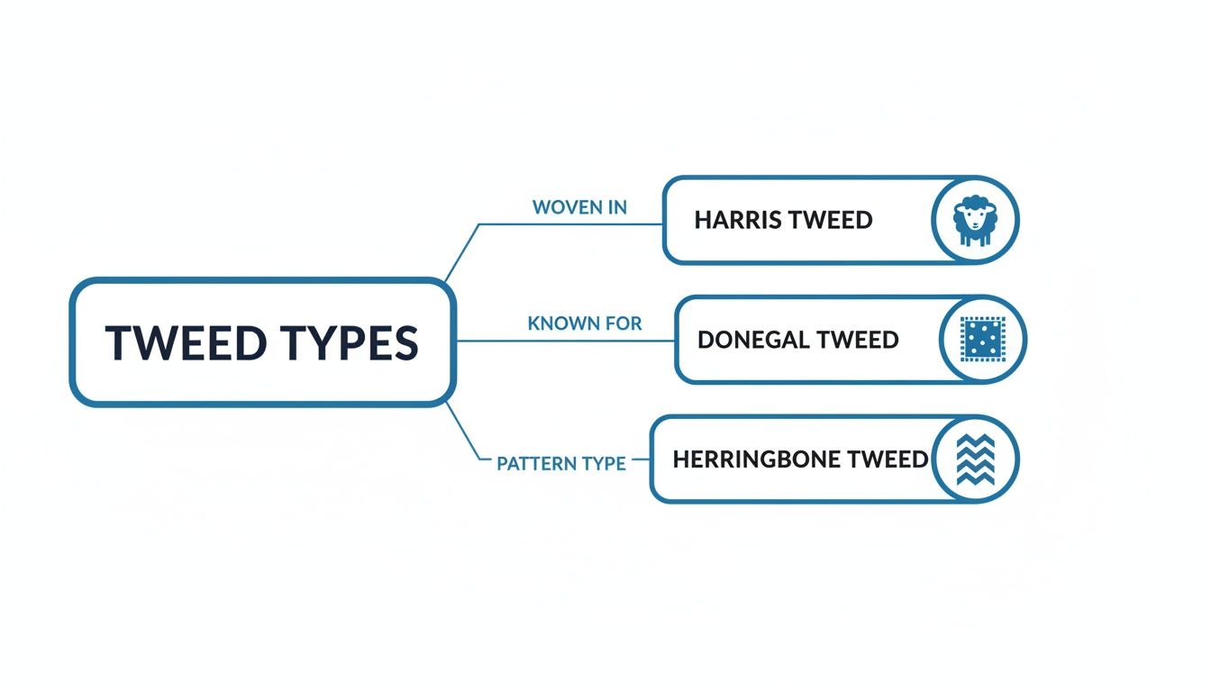 A mind map illustrating three tweed types: Harris Tweed (woven), Donegal Tweed (known for), and Herringbone Tweed (pattern type).