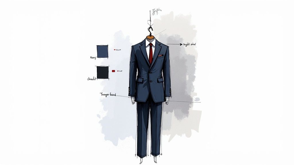 A man in a well-tailored navy blue suit, a classic choice for a formal job interview