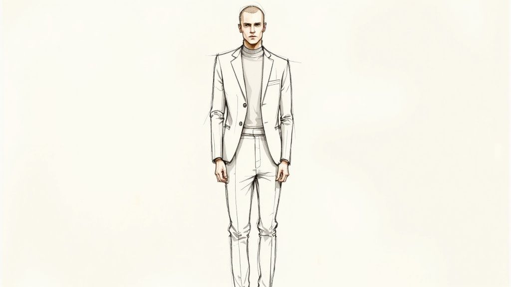 A gentleman wearing a stylish grey suit and a black turtleneck, showcasing a modern tailored look.