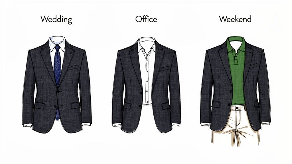 Different outfits featuring a dark linen suit jacket for wedding, office, and weekend wear.