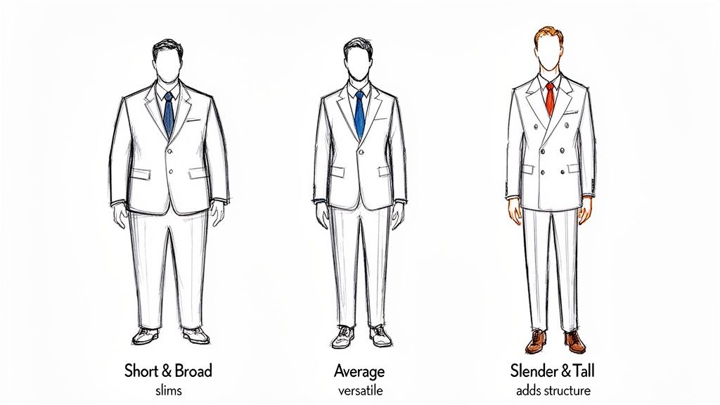 Illustration of three men in suits, showing styles for short & broad, average, and slender & tall body types.