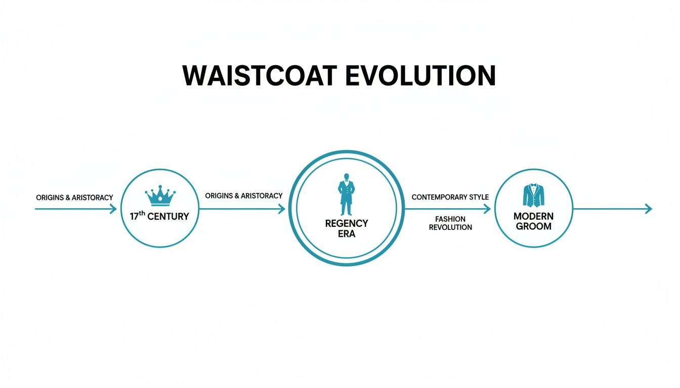 Flowchart illustrating the evolution of waistcoats from the 17th century aristocracy to modern groom styles.
