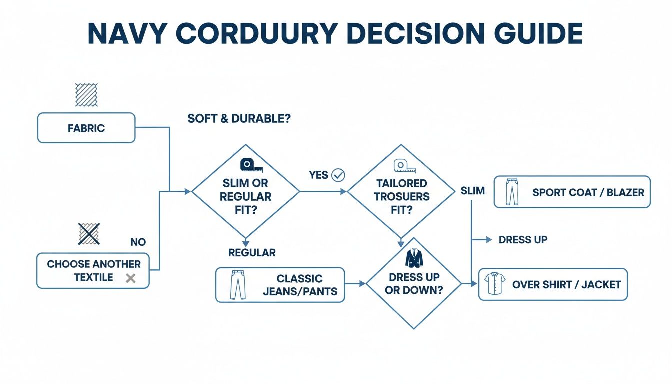 A flowchart titled 'Navy Corduroy Decision Guide' for selecting garment types.