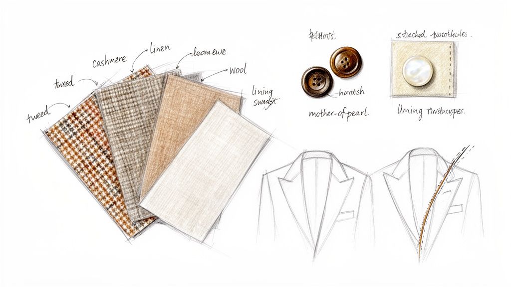 Illustration of bespoke suit materials and tailoring details including fabrics, buttons, and lapel construction.
