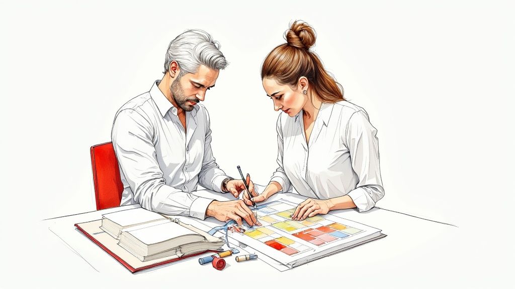 Two designers in white shirts collaborate, reviewing a color palette and making notes on a desk.