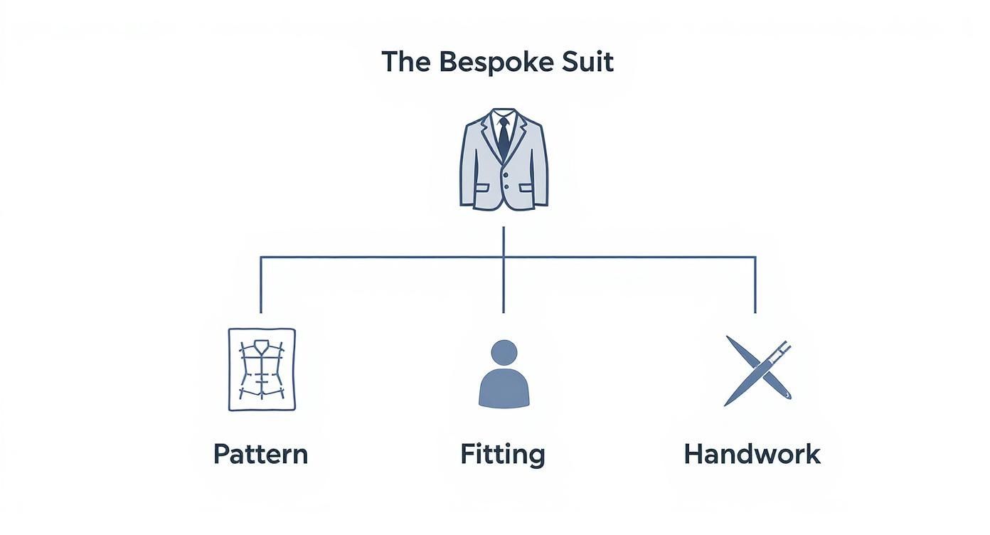 Flowchart detailing the essential steps for a bespoke suit: pattern, fitting, and handwork.