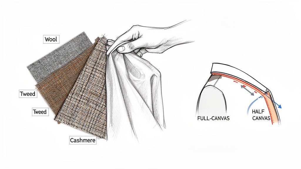 Illustration showing various suit fabric swatches (wool, tweed, cashmere) and a diagram comparing full-canvas and half-canvas construction.