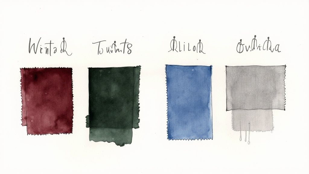Four hand-painted fabric swatches in red, green, blue, and grey, each with a handwritten label.