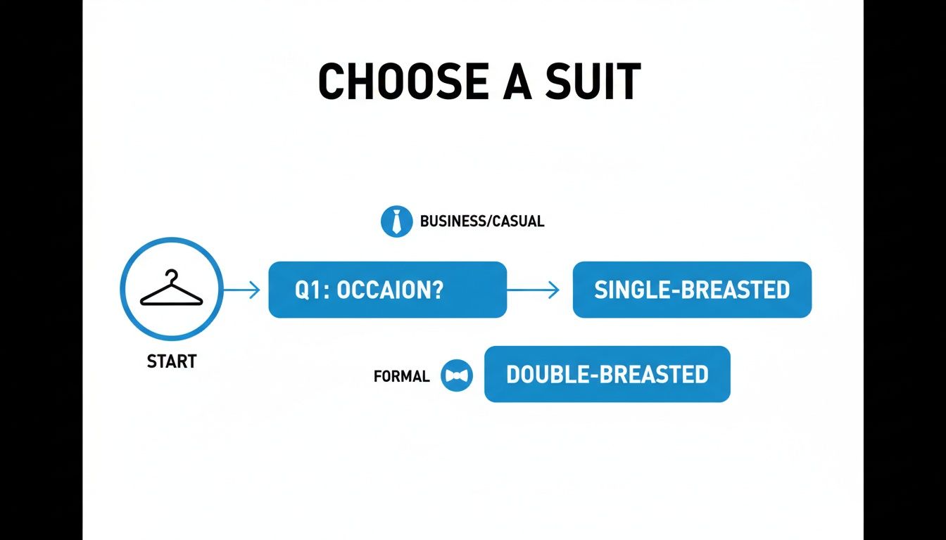 A flowchart titled 'CHOOSE A SUIT' showing decisions for suit type based on occasion.