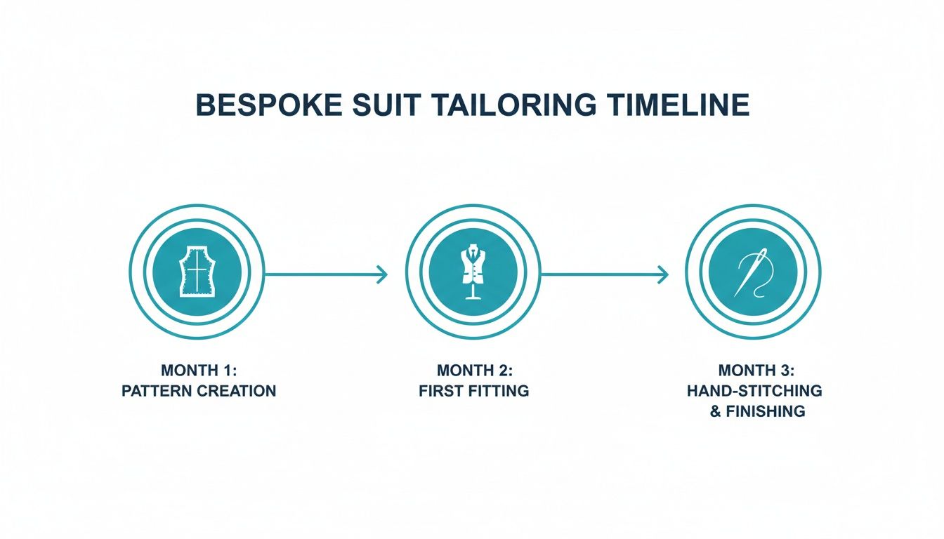 A bespoke suit tailoring timeline showing three steps: pattern creation, first fitting, and hand-stitching.
