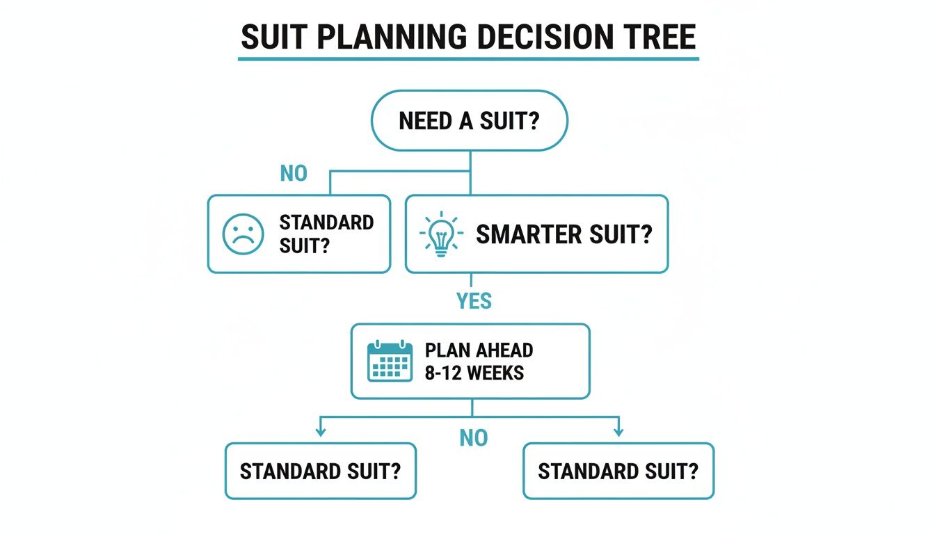 A decision tree flowchart outlining the process for planning and buying a suit, distinguishing between standard and smarter options.