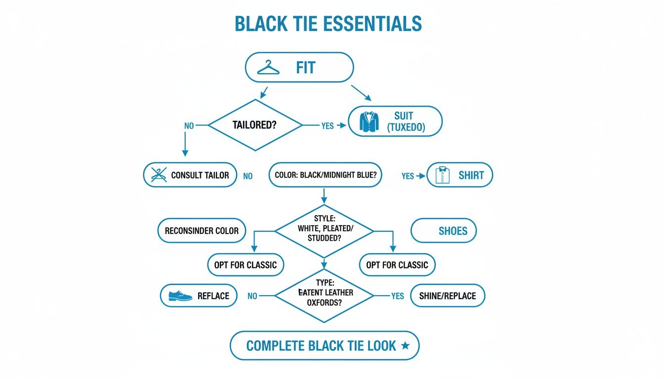 A black tie essentials flowchart outlining steps for selecting a suit, shirt, and shoes.