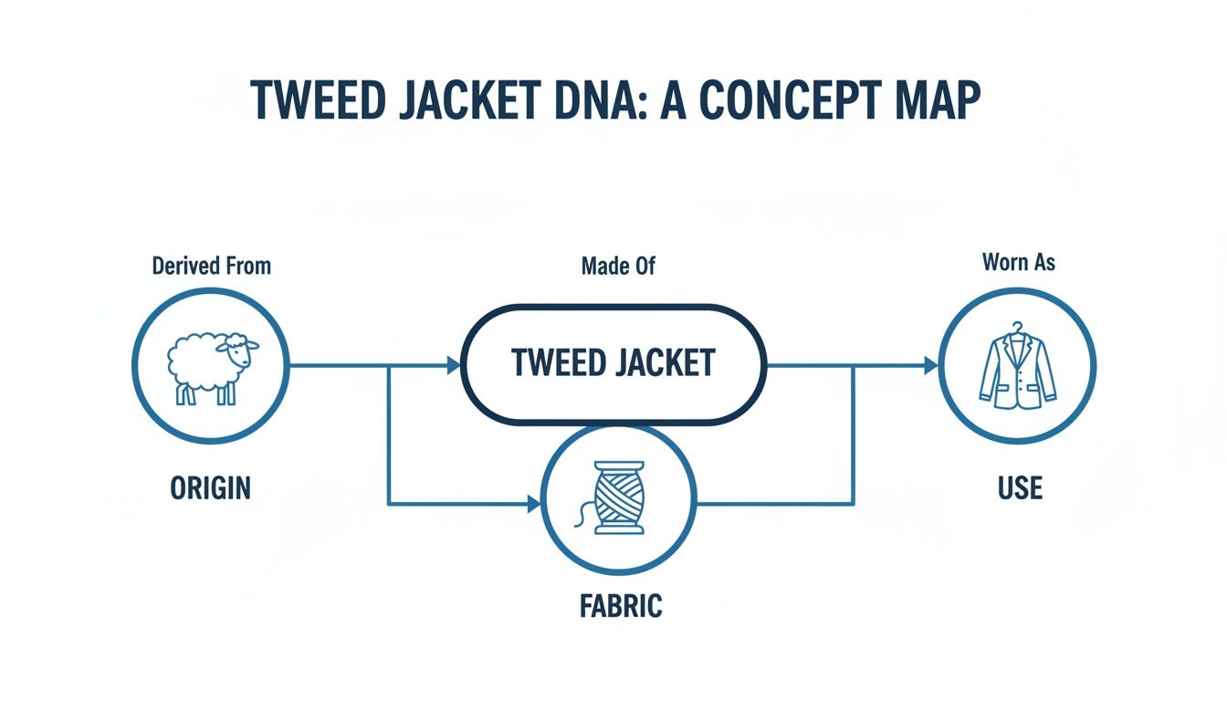 A concept map illustrating the tweed jacket's DNA, showing its origin from sheep, fabric, and use.