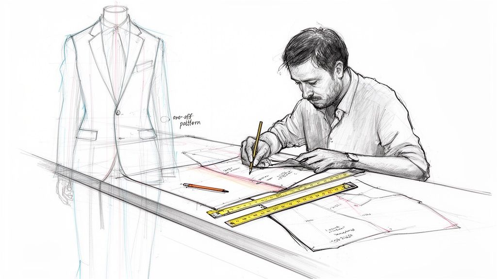A skilled tailor meticulously drafts a suit pattern on a desk, with a suit design sketch in the background.