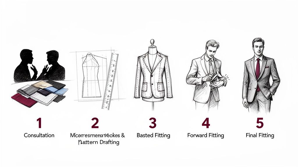 A 5-step infographic illustrating the bespoke suit creation process, from consultation to final fitting.