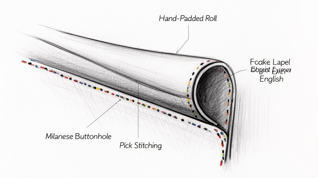 Detailed illustration showcasing fine tailoring techniques on a jacket lapel, including hand-padded roll and pick stitching.
