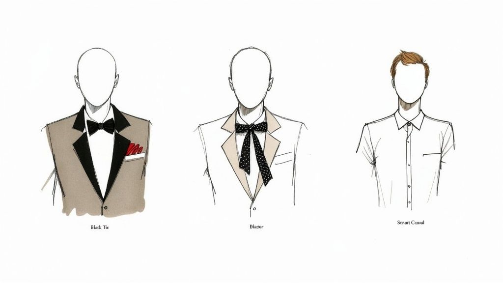 Illustrations of three men's fashion styles: Black Tie, Blazer with a patterned bow tie, and Smart Casual shirt.