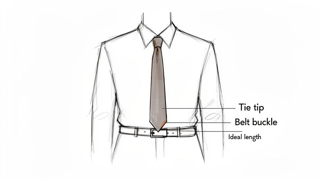 A diagram illustrates the ideal tie length, showing the tie tip touching the belt buckle.