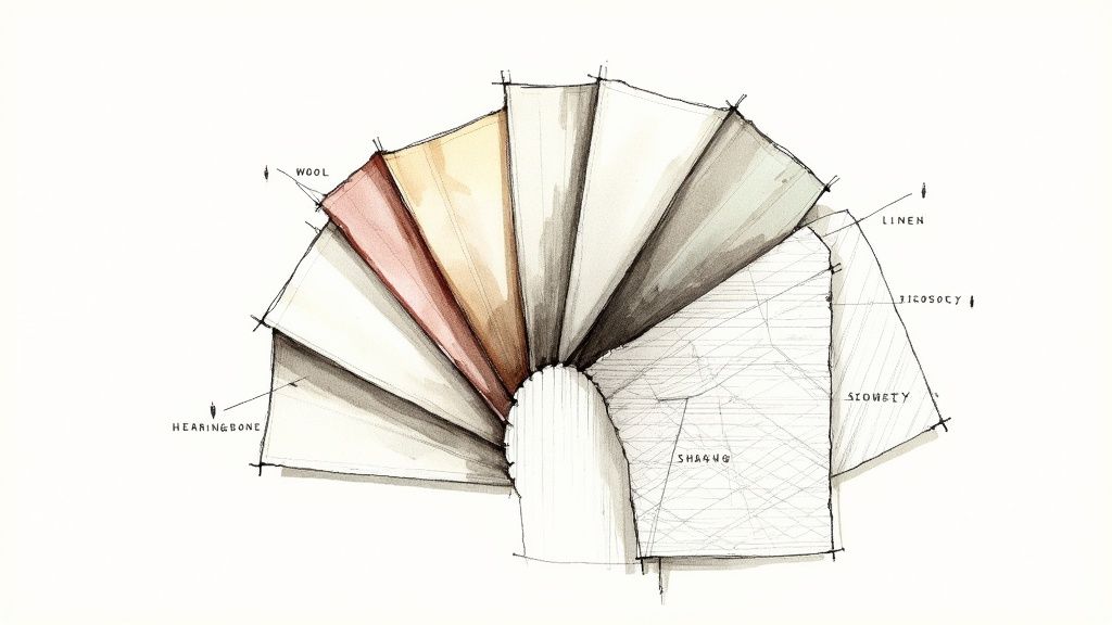 Fan display of various fabric swatches including wool, linen, and herringbone for custom tailoring