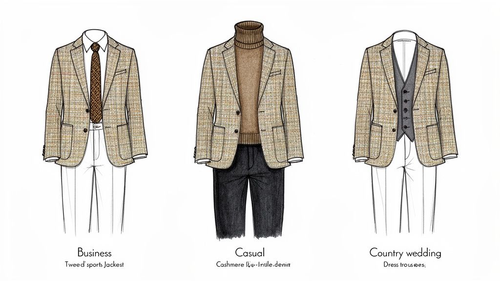 Illustrations of men's tweed sports jacket outfits for business, casual, and country wedding occasions.