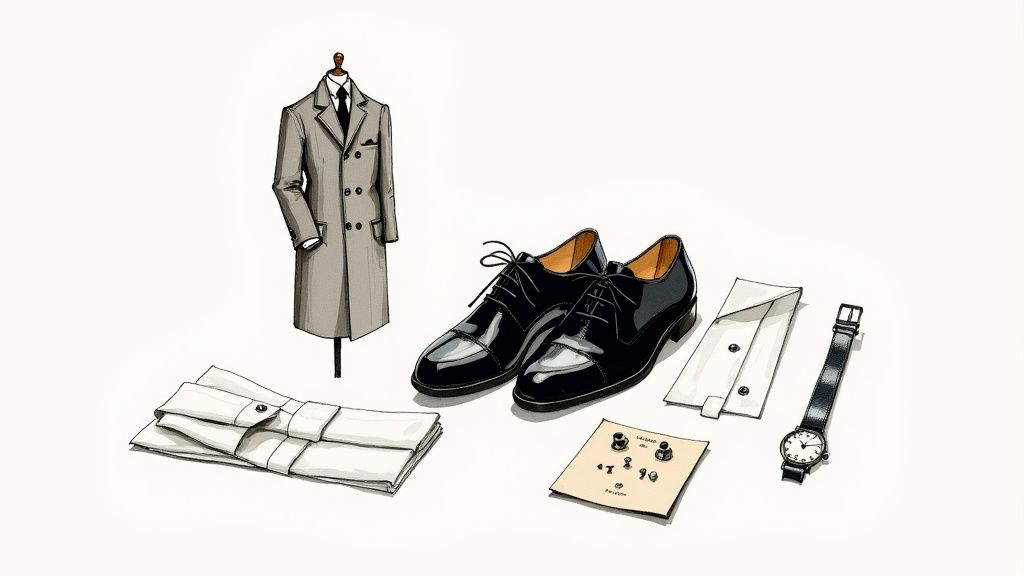 A pair of black patent leather dress shoes and a bow tie for a black tie wedding