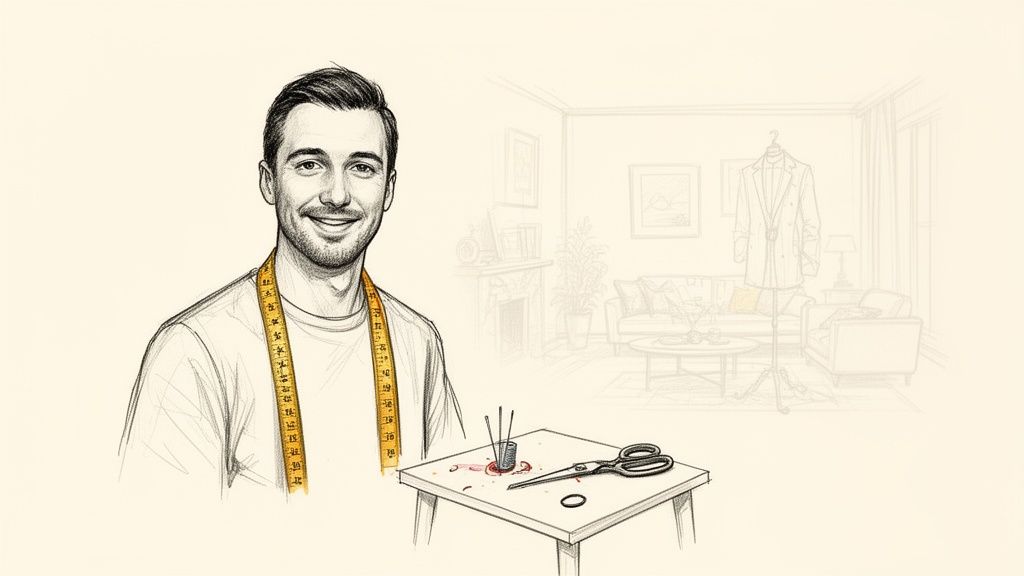 A smiling tailor wearing a tape measure, with tailoring tools on a table and a suit on a mannequin in the background.