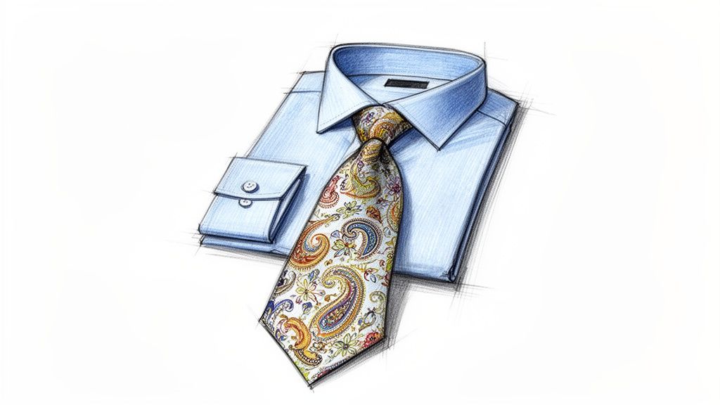 A hand-drawn sketch illustration of a light blue dress shirt folded, with a vibrant paisley tie.